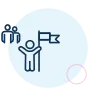 icon: a person holding a flag in front of 2 people